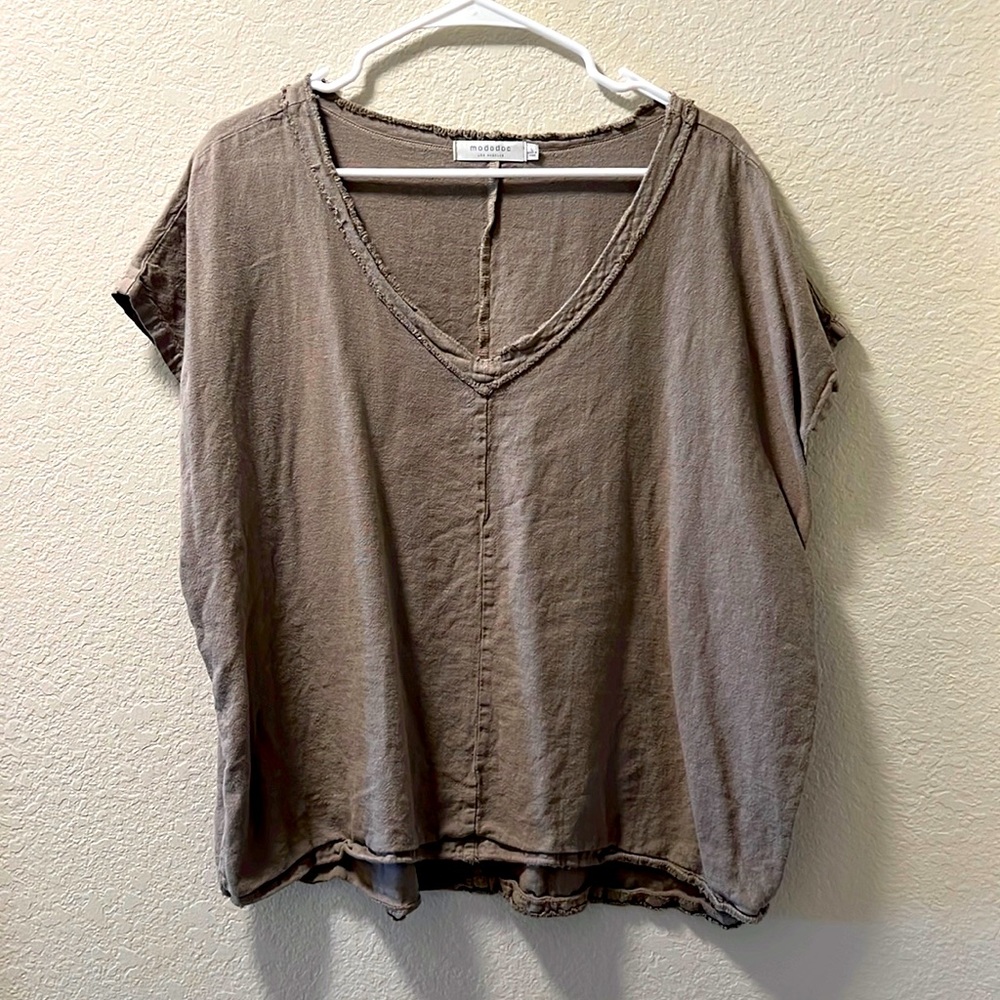 modoc Olive/Tan Blouse, Boxy, Relaxed Fit, Linen/Rayon